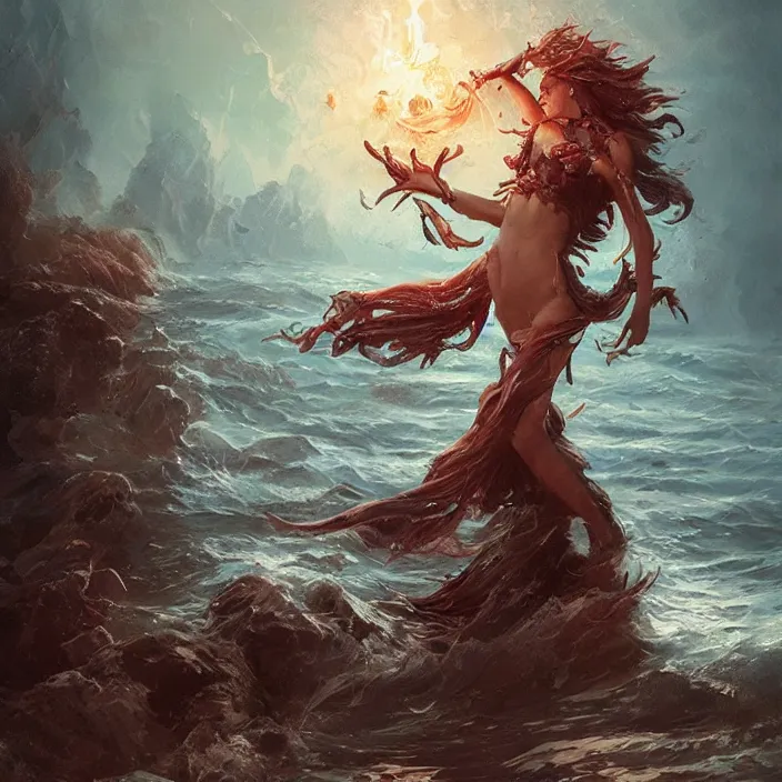 Image similar to sea witch pirate casting a spell in the water, d & d style, trending on artstation, intricate, highly detailed, vivid painting, colorful, art by greg rutkowski