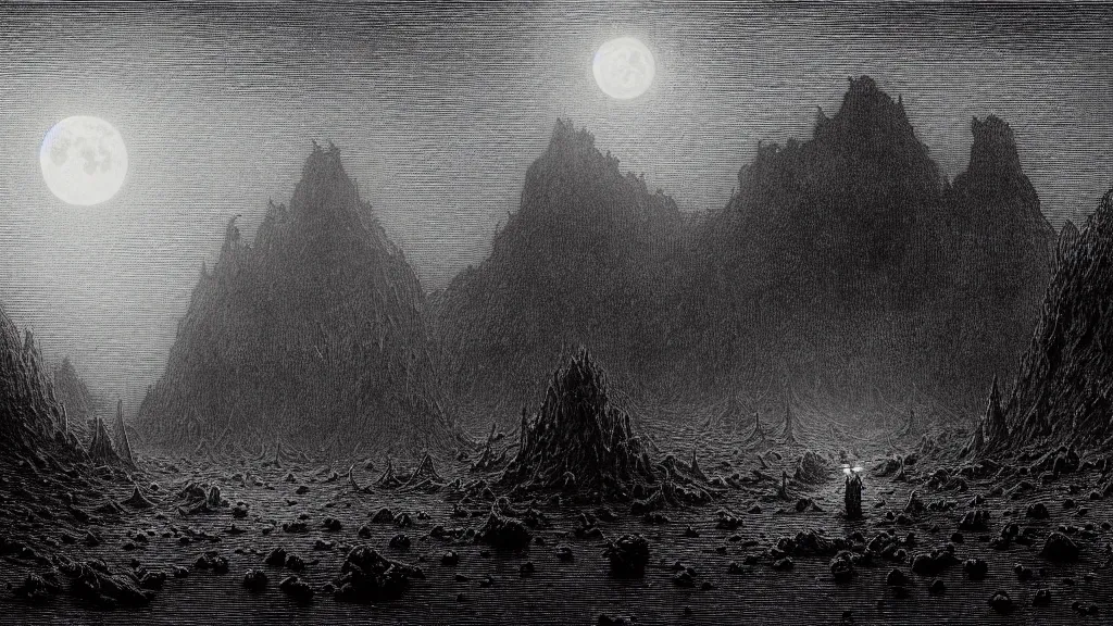 Image similar to the unknown place beyond the sea, ethereal world of dead oceans and burning mountains, under a pale dead moon, pale sands, blues and greys, a lifeless dried husk of a world, folk horror, dramatic dark eerie lighting, horrific surreal nightmare, etching by Gustave Dore, 8k resolution artwork, horror art, eerie, creepy, trending on artstation, painting, elaborate excellent painted illustration, smooth, sharp focus