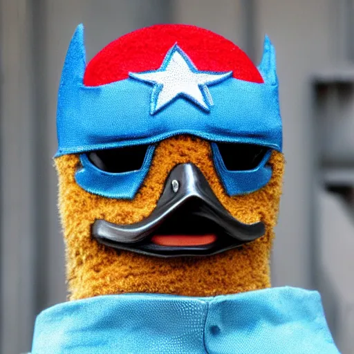 Prompt: a duck dressed as captain america