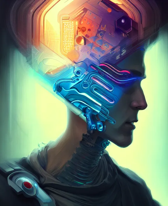 Image similar to a whirlwind inside the metaverse, guy, male, man, hologram, half body, neurochip, android, cyborg, cyberpunk face, by loish, d & d, fantasy, intricate, elegant, highly detailed, colorful, digital painting, artstation, concept art, art by artgerm and greg rutkowski and alphonse mucha