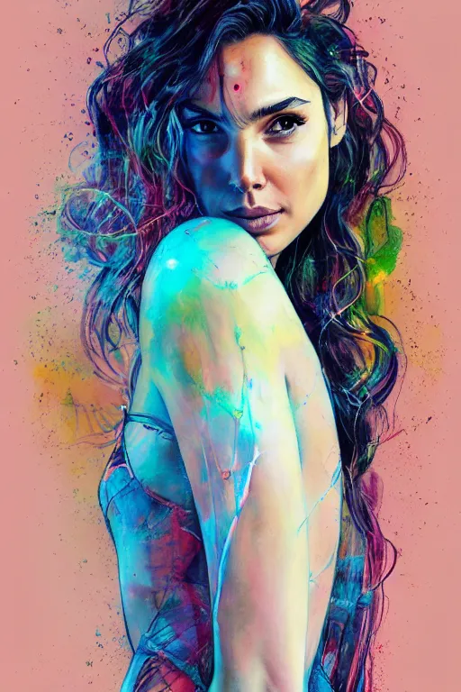 Prompt: gal gadot by agnes cecile enki bilal moebius, intricated details, 3 / 4 back view, full body portrait, extremely luminous bright design, pastel colours, drips, autumn lights