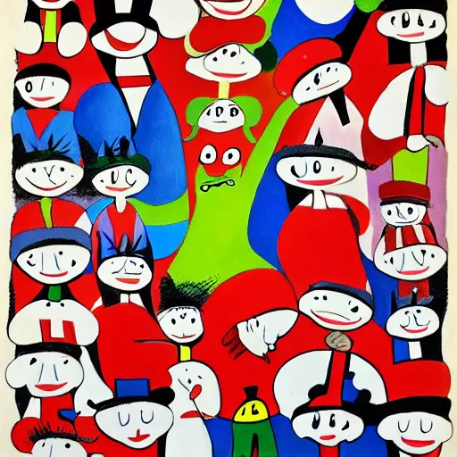 Image similar to Where's Waldo, in the style of Joan Miro