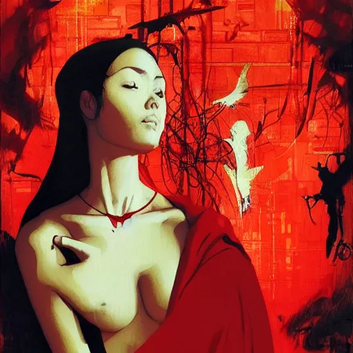 Image similar to portrait of a daydreaming melancholic latin woman in red monk habit being progressively rasterized into pixels from another world, she is surrounded by digital birds, oil on canvas game poster by yoji shinkawa, esao andrews, dave mckean and stina persson