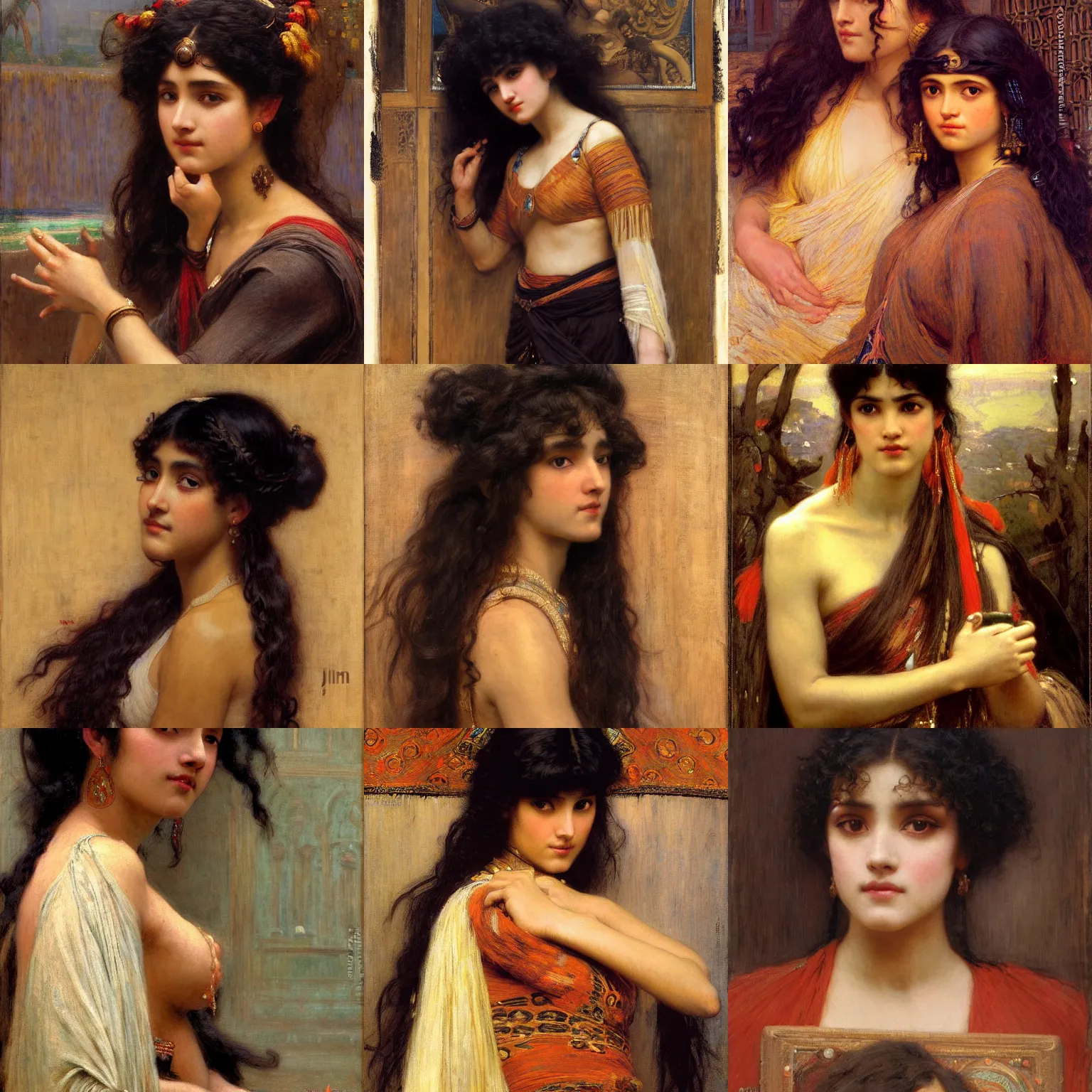 Prompt: orientalist painting of bangs, curly black hair woman with brown skin portrait by john william waterhouse and Edwin Longsden Long and Theodore Ralli and gaston bussiere. Cinematic, hyper realism, dramatic lighting, high detail 8k