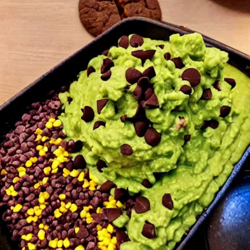 Prompt: a dish made with cookie dough, beans, guacamole, chocolate fudge and creamed corn, n 9