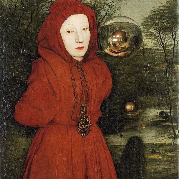 Image similar to a closeup portrait of a woman wrapped in plastic, standing next to a giant huge levitating copper orb, in a foggy pond, by jan van eyck