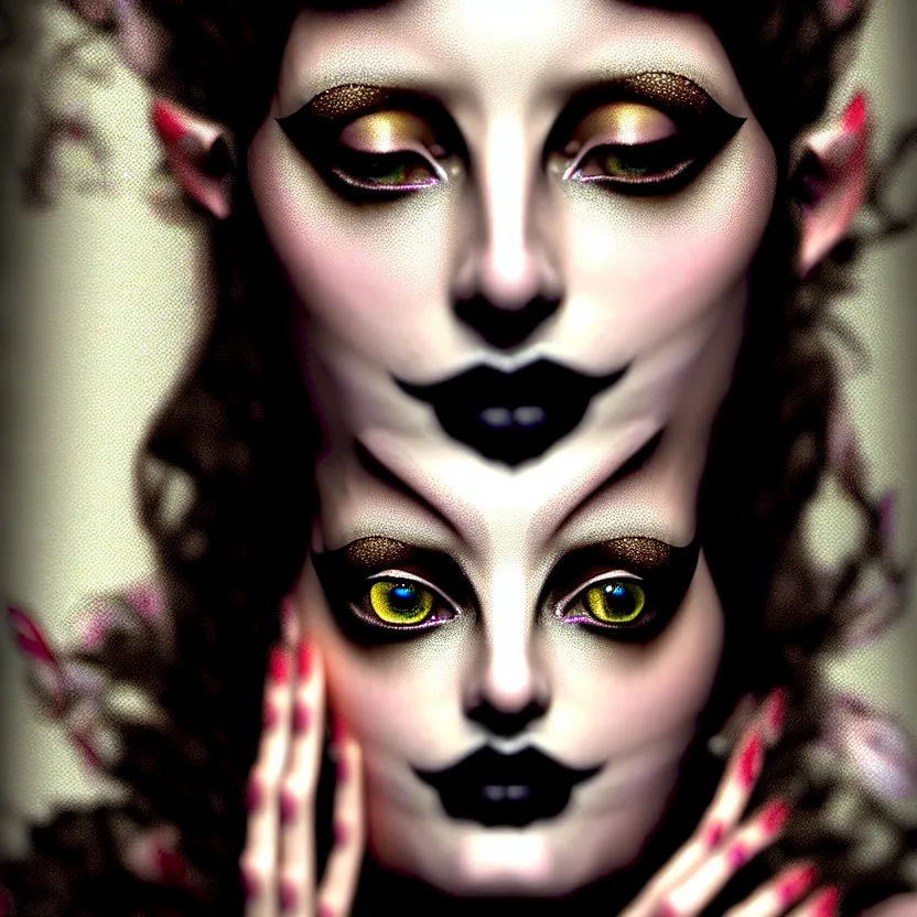 Image similar to mindblowing portrait of the enchantress queen, a stunning timeless beauty, breathtaking eyes, perfect skin, feathered eyelashes, royal gothic dress with a lot of leather, heavy silent hill aesthetic, incredibly intricate, digital art, blender, houdini & photoshop, very elegant & complex, hyper-maximalist, overdetailed, epic cinematic quality, biblical art lighting, photorealistic, lifelike, OLED, DSLR HDR 8k, face is the focus, facial feature symmetry, hyper composed, created by Nixeu & z--ed from deviantart