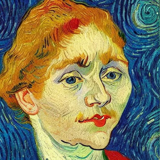 Prompt: representation of a young woman with a happy face in the year 1889 by Vincent van Gogh