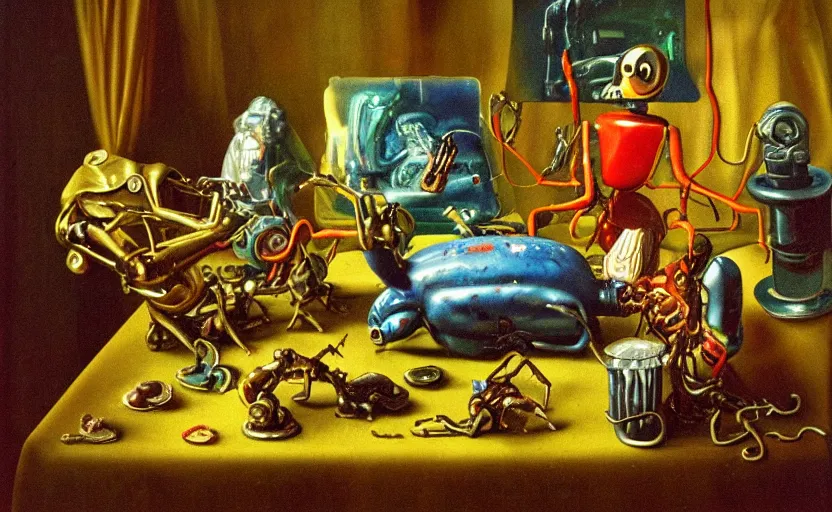 Image similar to strange robot body, disturbing colorful oil painting dutch golden age vanitas still life sparse composition with bizarre objects strange gooey transparent surfaces shiny metal reflections bizarre mutant meat insects rachel ruysch dali todd schorr very detailed perfect composition rule of thirds masterpiece canon 5 0 mm, cinematic lighting, photography, retro, film, kodachrome