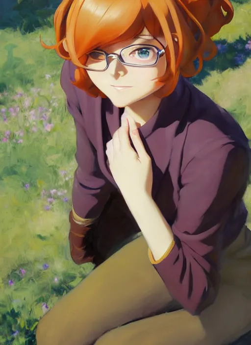 Prompt: Greg Manchess ainting of Velma Dinkley in the style of Violet Evergarden, anime style, winged eyelashes, countryside, calm, fantasy character portrait, dark outlines, dynamic pose, above view, sunny day, artwork by Makoto Shinkai, very coherent asymmetrical artwork, sharp edges, perfect face, simple form, 100mm