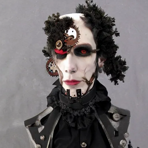 Image similar to Clockwork Cyborg Vampire French Aristocrat, powdered wig, gears, prosthetics, full-body