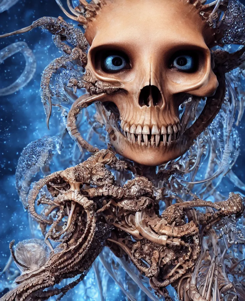 Image similar to close-up macro portrait of the face of a beautiful princess with animal skull mask, epic angle and pose ribcage skeleton, symmetrical artwork, 3d with depth of field, blurred background, cybernetic jellyfish female face skull phoenix bird, translucent, nautilus, energy flows of water and fire. a highly detailed epic cinematic concept art CG render. made in Maya, Blender and Photoshop, octane render, excellent composition, cinematic dystopian brutalist atmosphere, dynamic dramatic cinematic lighting, aesthetic, very inspirational, arthouse. y Greg Rutkowski, Ilya Kuvshinov, WLOP, Stanley Artgerm Lau, Ruan Jia and Fenghua Zhong