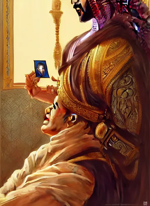 Image similar to king of saudi arabia playing video games, intricate, elegant, highly detailed, my rendition, digital painting, artstation, concept art, smooth, sharp focus, art by artgerm and greg rutkowski and alphonse mucha and uang guangjian and gil elvgren and sachin teng, symmetry!!