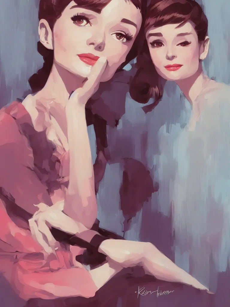 Prompt: a portrait of Audrey Hepburn, glamorous setting, vivid colors, soft lighting, atmospheric, cinematic, moody, in the style of Ilya Kuvshinov and Range Murata, Krenz Cushart, oil on canvas, 8k