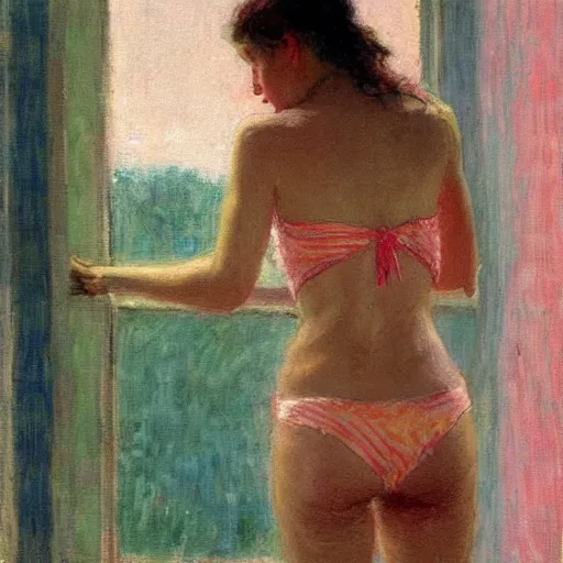 Prompt: A woman looking through a rainy window, back view, pink string bikini, modest, 1950s, americana, award-winning, warm colors, by Ilya Repin, deviantart