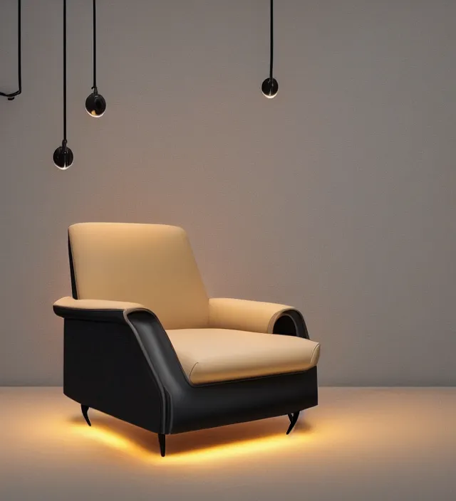 Image similar to a comfortable leather armchair with neon light corners, intricate details, black background, octane render