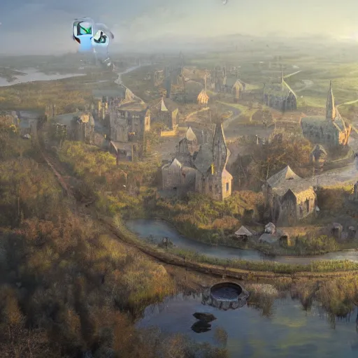 Prompt: high airborne view of a downtrodden medieval town by a river in a swamp surrounded by a visible magic translucent bubble shield bubble shield bubble shield, 4k, by Greg Rutkowski, fantasy, mix of celtic and Rus architecture, visible bubble shield, cinematic