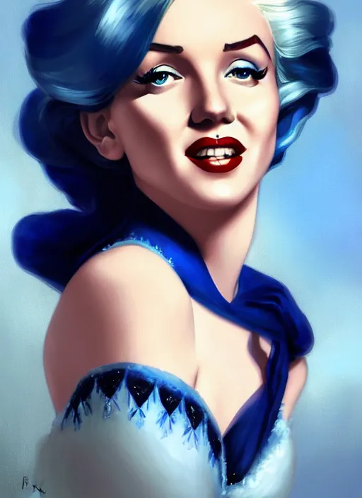 Image similar to Marilyn Monroe with Dark Blue Hair as Elsa from Frozen, western, D&D, fantasy, intricate, elegant, highly detailed, digital painting, artstation, concept art, matte, sharp focus, illustration, art by Artgerm and Greg Rutkowski and Alphonse Mucha, masterpiece, stunning, artstation