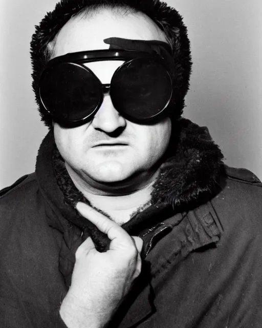 Image similar to headshot of john belushi wearing a leather ushanka and aviator goggles, he is also wearing an a 2 flight jacket, a long white scarf is wrapped around his neck, he has a 5 o'clock shadow, a crazed angry look on his face