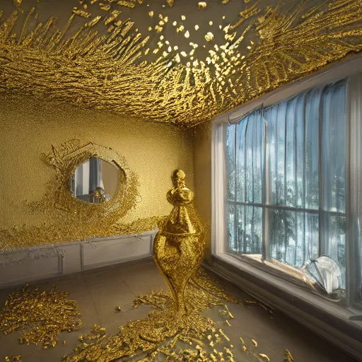 Image similar to an incredibly beautiful world of multifaceted crystal and polished mirrors in the style of erik johansson by dr. seuss covered in intricate gold leaf detail with soft indirect lighting, an ultrafine detail, final fantasy, cinematic colors, behance contest winner, unreal engine 5 highly rendered, global illumination, radiant light, detailed and intricate environment