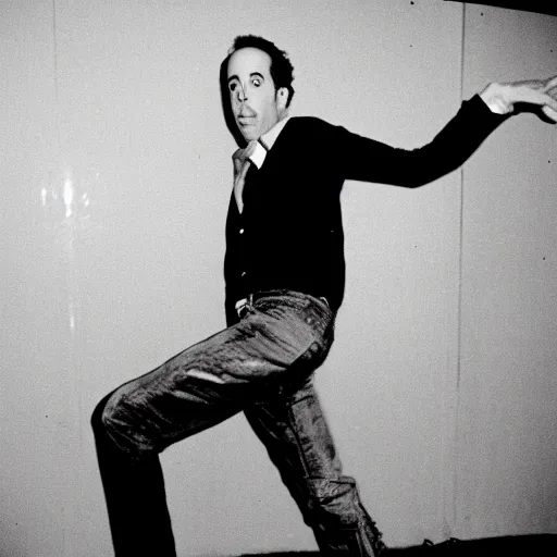 Prompt: Jerry Seinfeld voguing on a runway in a nightclub, 35mm film, 80s photo