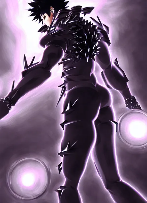 Image similar to a detailed manga full body portrait illustration of a dark spiky haired cyborg anime man surrounded by dark steam by hirohiko araki, detailed artwork, realism, 4 k resolution, detailed, high quality, sharp focus, hq artwork, insane detail, volumetric lighting, character concept art, fine details, clear subject, central subject