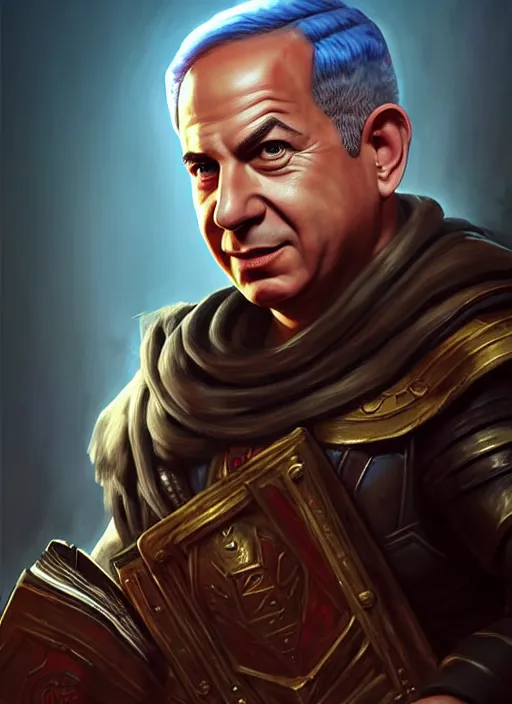 Image similar to A striking epic hyper real comic book style portait painting of Benjamin Netanyahu as a bard, D&D Concept Art, unreal 5, DAZ, Apex legends concept art, hyperrealistic, octane render, cosplay, RPG portrait, dynamic lighting