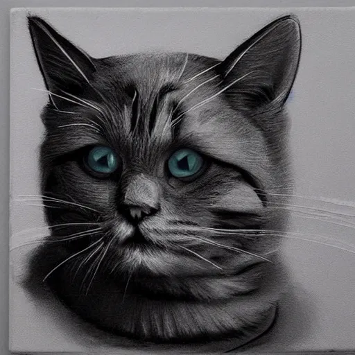 Image similar to Cat drawning himself with brush on canvas, realistic 3d render,