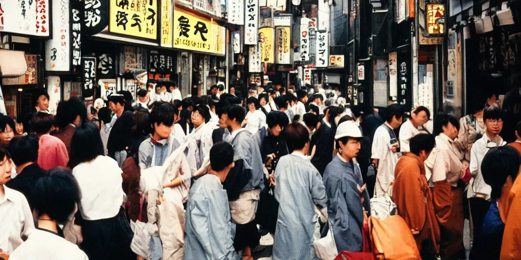 Image similar to street photography of an izakaya midday, people in 9 0 s fashion, in tokyo shinjuku, shot on kodak gold with a canon 3 5 mm lens aperture f / 5. 6, masterful photography by haruto hoshi and yang seung - woo and saul leiter, hyper - realistic