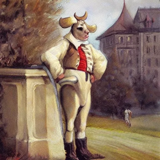 Prompt: painting by zorn, cow, dressed, anthropomorphic!!, wearing!!! clothes!!! jeans!!! standing next to royal castle!!