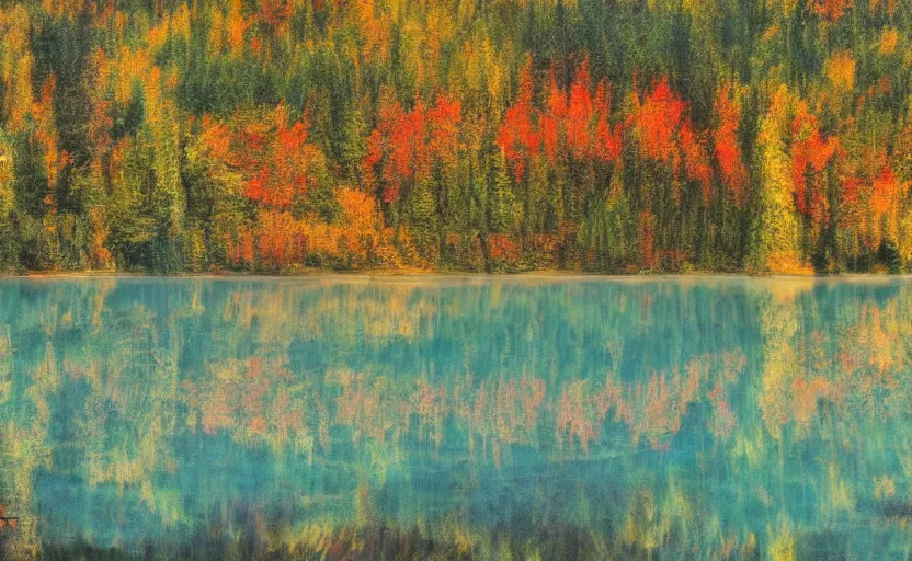 Image similar to beautiful award winning mythical painting of a canadian lake, extreme detail, 4 k, ultra hd