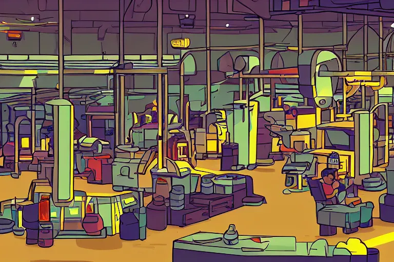 Image similar to factory interior in steven universe video game art style, thick outlines, color vector art, artstation, illustration, 4 5 degree camera angle