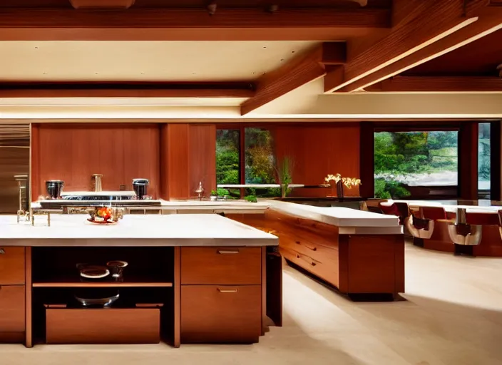 Image similar to a high end luxury kitchen designed by frank lloyd wright, interior design magazine photography