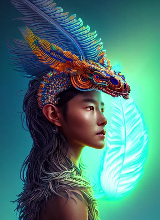 Image similar to a wlop 3 d portrait of a goddess, 8 k micro details beautiful intricate highly detailed quetzalcoatl skull and feathers. bioluminescent, fire, snow, thunderstorm! artwork by tooth wu and wlop and beeple and greg rutkowski, trending on artstation,