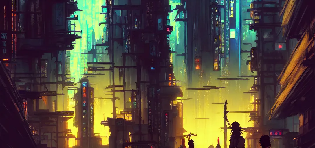 Image similar to baroque oil painting of anime key visual environment concept art of a cyberpunk city, brutalist, dark fantasy, rule of thirds, digital cel shading, fake hidden detail, trending on pixiv fanbox, acrylic palette knife and brush, style of makoto shinkai studio ghibli jamie wyeth james gilleard greg rutkowski