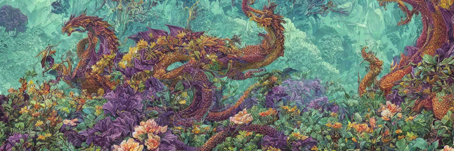 Prompt: autumn a dragon life garden floral display, verdant topiary, pastiche by Dan Mumford, pastiche by Cyril Rolando, pastiche by Victo Ngai, Precise and Intricate Linework, Art Nouveau Cosmic 4k Detailed Matte Illustration featured on Behance ,CGSociety, Han Purple and Cerulean color scheme