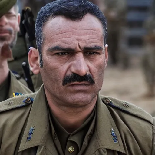 Image similar to kurdish military general in a movie directed by christopher nolan, movie still frame, promotional image, imax 7 0 mm footage, strong and imposing