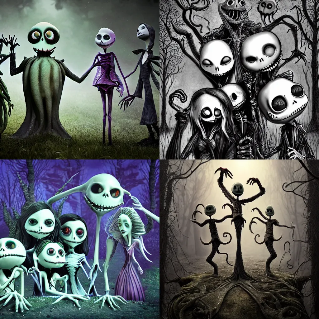 Prompt: 3D render by Tim Burton of 4 friends, detailed faces, The Nightmare Before Christmas, performing a ritual to summon Cthulhu in the middle of the woods at night, trending on artstation, creepy, Corpse Bride style