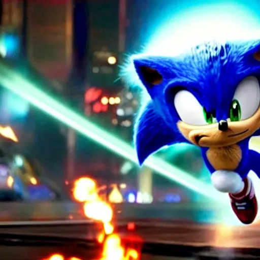 Prompt: The famous scene in the Avengers when Sonic the Hedgehog finally arrived to the fight and beat Thanos, movie sonic, extremely detailed with lots of background explosions and effects, grinning, wearing red gloves, 4k, 8k, HDR, purple lighting that highlights Sonic's fur