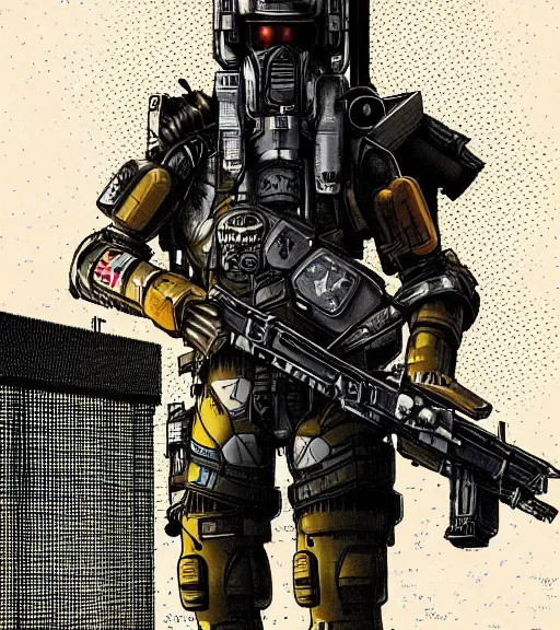 Image similar to a cyberpunk soldier with tactical gear and a rifle patrols a Japanese city on mars, Industrial Scifi, detailed illustration, character portrait, by Martin Grip and Moebius