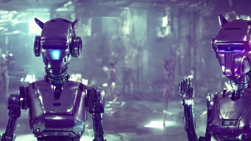 Image similar to film still from the movie chappie of the robot chappie shiny metal indoor dance party neon rave scene bokeh depth of field several figures furry anthro anthropomorphic stylized cat ears head android service droid robot machine fursona