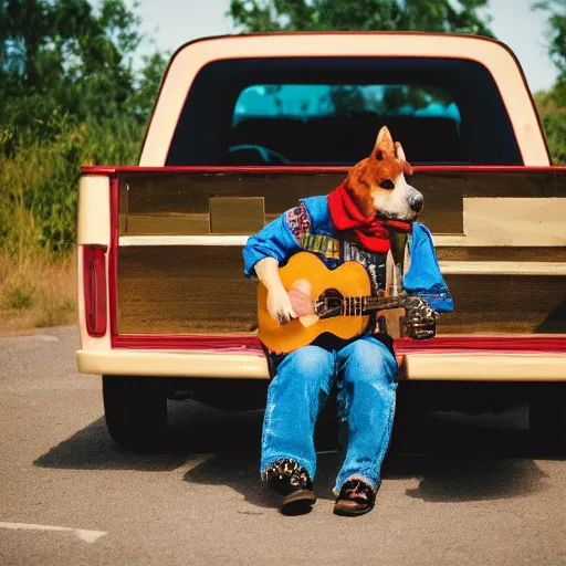 Image similar to A folkpunk hound dog playing the guitar in front of a pickup truck