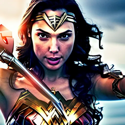Image similar to Gal Gadot as Wonder Woman, Anime style, dramatic action shot