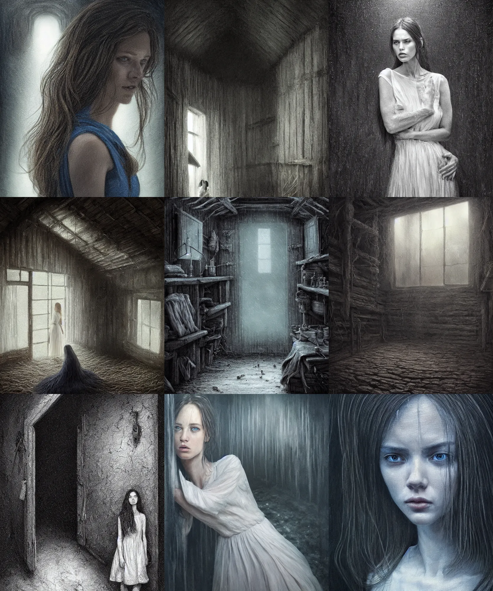 Prompt: Hyper realistic detailed pîcture of a Paludnitsa! inside a dark barn. Perfect face, beautiful, white dress, menacing, melancholic, long black hair, blue sky, highly detailed, sharp focus, digital painting, art by Denis Villeneuve, detailed and intricate environment, highly detailed, award winning.