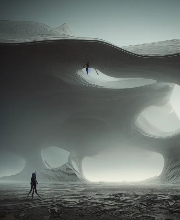 Prompt: surreal futuristic exploration in iceland beach, bioremediation architecture in the desert, foggy, highly detailed, digital painting, arstation, concept art, hyperealistic octane render, unreal engine,