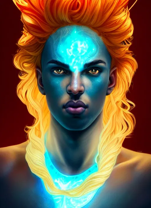 Image similar to the greek god kanyw west, firey gold hair, body made of water, steampunk, beautiful glowing eyes, volumetric lights, red and cyan theme, art nouveau botanicals, intricate, highly detailed, digital painting, artstation, concept art, smooth, sharp focus, cinematic, illustration, beautiful face, art by artgerm and greg rutkowski and alphonse mucha