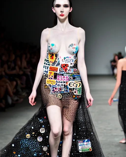 Image similar to olivia wearing an outfit made of stickers, runway model at new york fashion week, normal physique, black hair, freckles, pale skin, half body shot, photo by greg rutkowski, stage lighting, soft colors, intricate detail, elegance, 3 5 mm, depth of field, masterpiece
