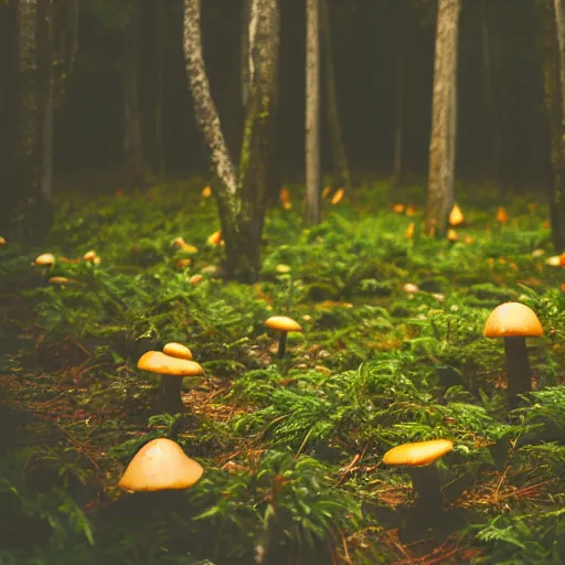 Prompt: a photography of a dark green forest full of orange mushrooms