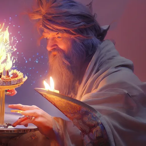 Image similar to a wizard blowing out birthday candles with magic, art by artgerm and greg rutkowski and alphonse mucha, concept art, octane render, unreal engine 5, highly detailed, high quality, 8 k, soft lighting, realistic face, path traced