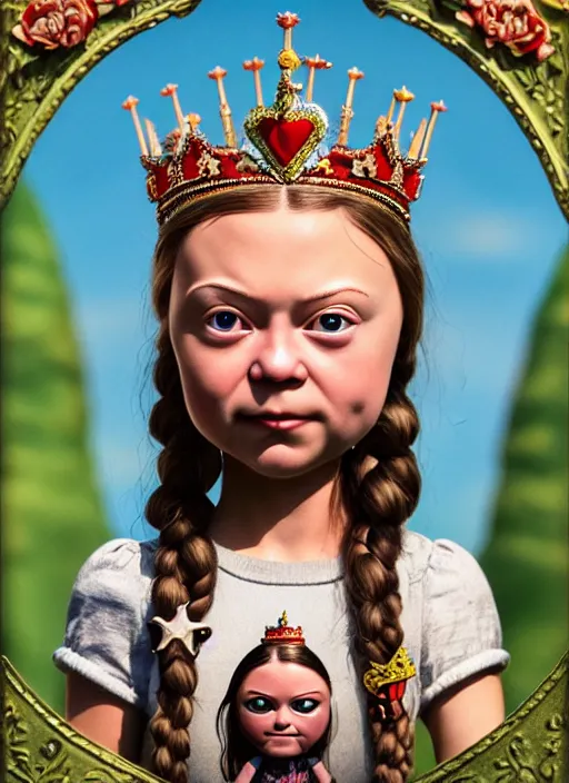 Image similar to highly detailed closeup, face profile portrait of greta thunberg as a tin toy fairytale princess wearing a crown eating cakes, bikini, unreal engine, nicoletta ceccoli, mark ryden, earl norem, lostfish, global illumination, detailed and intricate environment